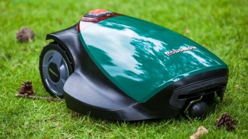 Close up of robot mower on lawn