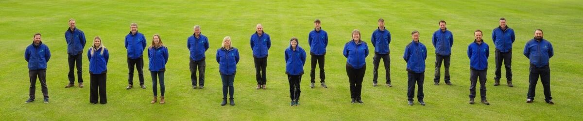 17 team members in Lawntech uniform standing on a green lawn