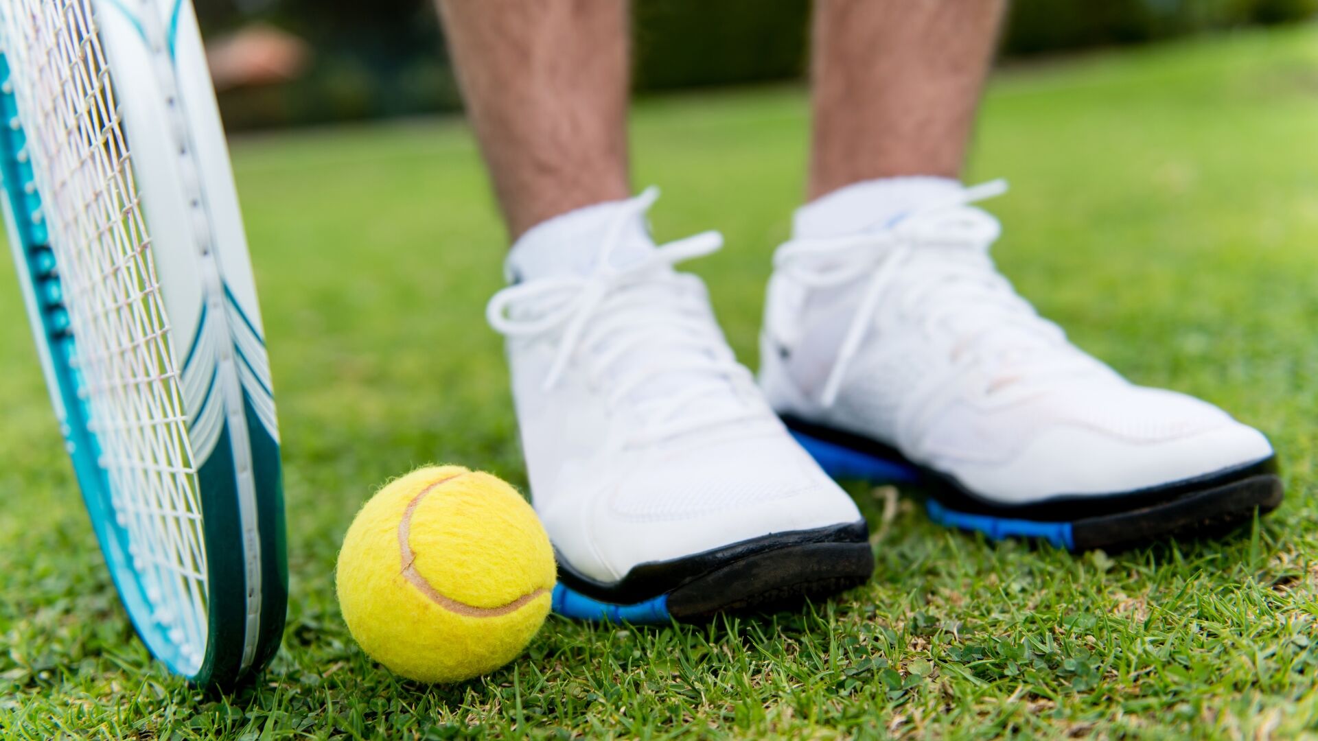 Close up of a tennis court lawn and tennis racquet